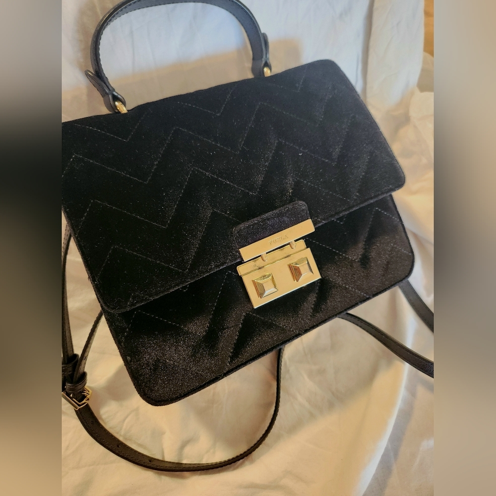 Furla top handle quilted black velvet bella satchel + detachable shoulder strap.